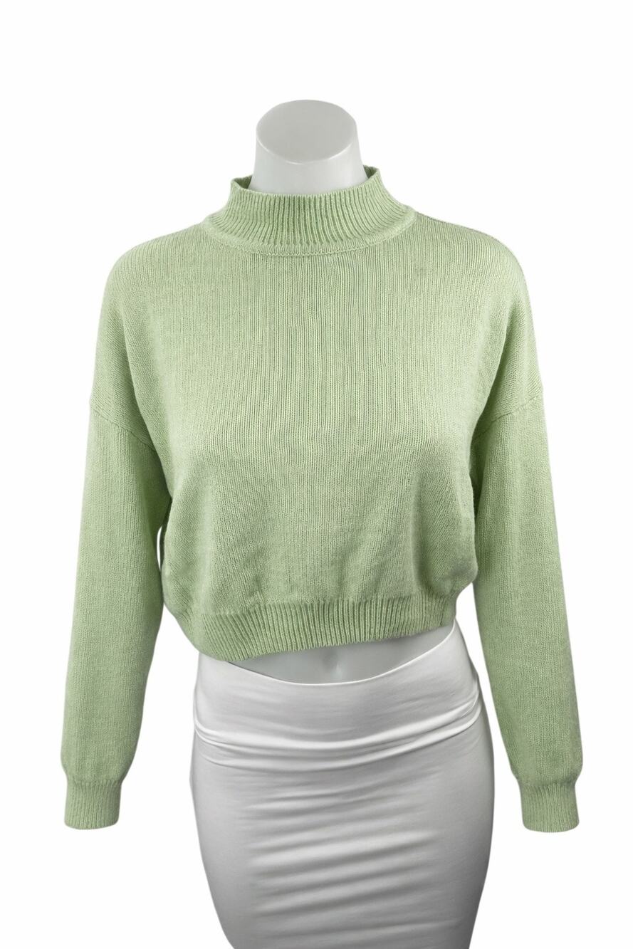 H&M Women's Green Ribbed Knit Long Sleeve Mock Neck Cropped Sweater Top Size S